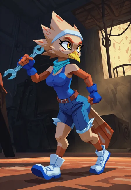 (beautiful, masterpiece, absurd res, detailed, dynamic lighting), artist:atlyss, 3d \(artwork\), low poly, 1girl, solo, k41k0, female furry bird, avian, beige feathers, beige hair, spiky hair, beak, yellow beak, yellow eyes, bird tail, teal scarf, white hairband, blue gloves, fingerless gloves, blue tank top, blue shorts, belt, white footwear, holding wrench, running