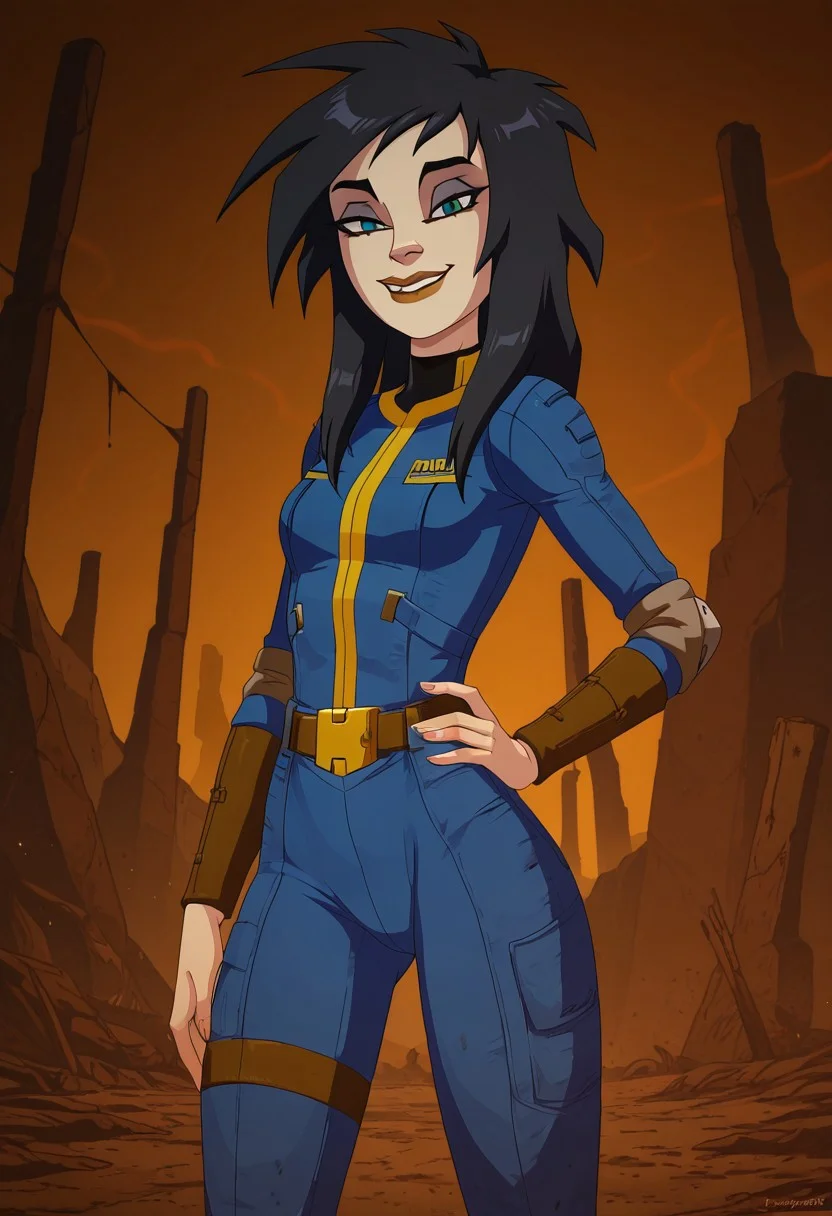 <lora:KylieGriffinIllustrious1.0JLFO:1> kylie,1girl, solo, green eyes, makeup, looking at viewer, black hair, long hair, lipstick, blue jumpsuit, fallout, hand on own hip, sexy smile, extreme sexy smile, post apocalyptic wasteland, Lights, showers, day, excellent  Quality, excellent Details, excellent Anatomy, masterpiece, Epic,