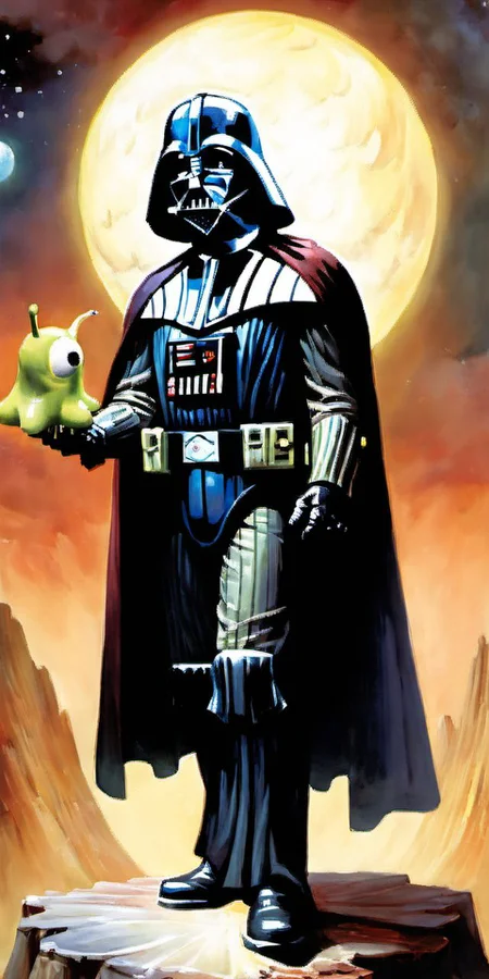 A full body shot photo of (darth vader) with ((a brain slug attached to him)) <lora:SDXL-BrainSlug-Lora:1>, Very detailed, clean, high quality, sharp image, Dave Dorman