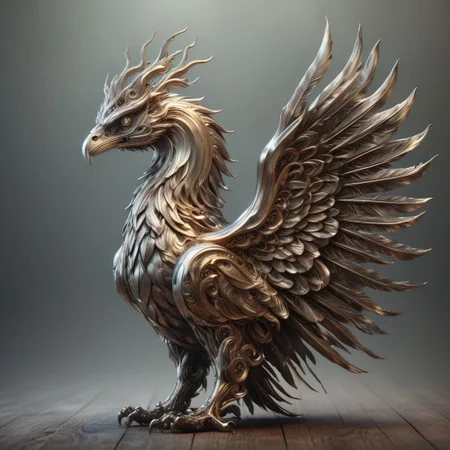 Steel/ral-polishedsteel Phoenix, Diamond Line, (Golden Beak: 1.1), Sharp Focus, Atmospheric Lighting, Highly Detailed, Overall Detail, Ornate, Macro, Shallow DOF, Atmospheric Dust,