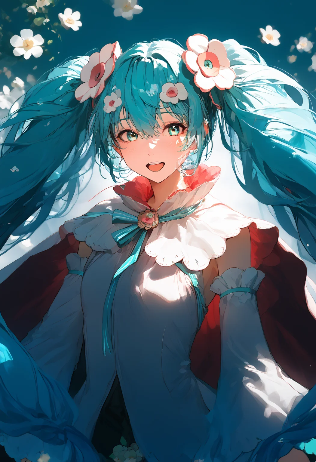 score_9,score_8_up,score_7_up,,source_anime BREAK, 1girl, solo,, MHM21, hatsune miku, hair ornament, flower, twintails, magical mirai miku, long hair, detached sleeves, open mouth, aqua hair, smile, very long hair, wide sleeves, medallion, white sleeves, aqua ribbon, aqua eyes, cape, hair between eyes s1_dram <lora:ãã¸ã«ã«ãã©ã¤2021:1>,<lora:S1_Dramatic_Lighting_v2:0.8>,<lora:incase_style_v3-1_ponyxl_ilff:1>