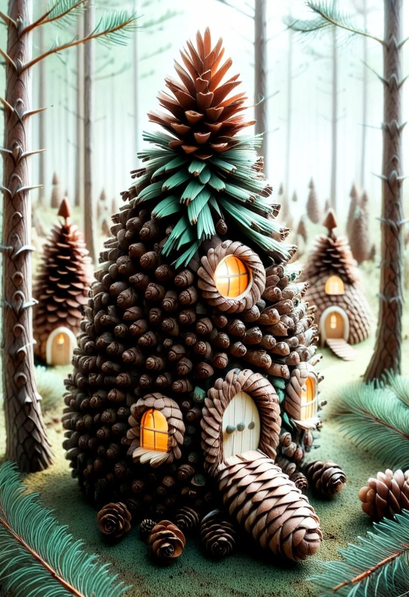 a charming and whimsical miniature village nested deep in the forest, made completely of pinecones, pines and needles, made of trees, cinematic and surreal, storybook surrealism