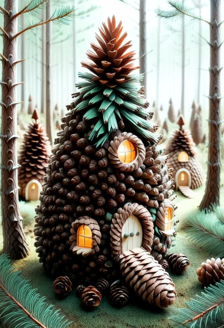 a charming and whimsical miniature village nested deep in the forest, made completely of pinecones, pines and needles, made of trees, cinematic and surreal, storybook surrealism
