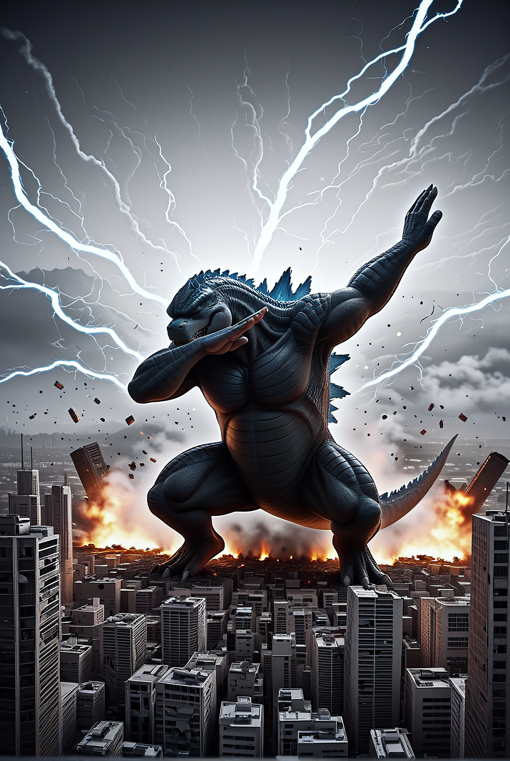 score_9, Godzilla,

Outstretched arm, squatting, covered face, closed eyes, electricity racing along back, destroyed buildings, ruined city, fire, smoke, destruction, 