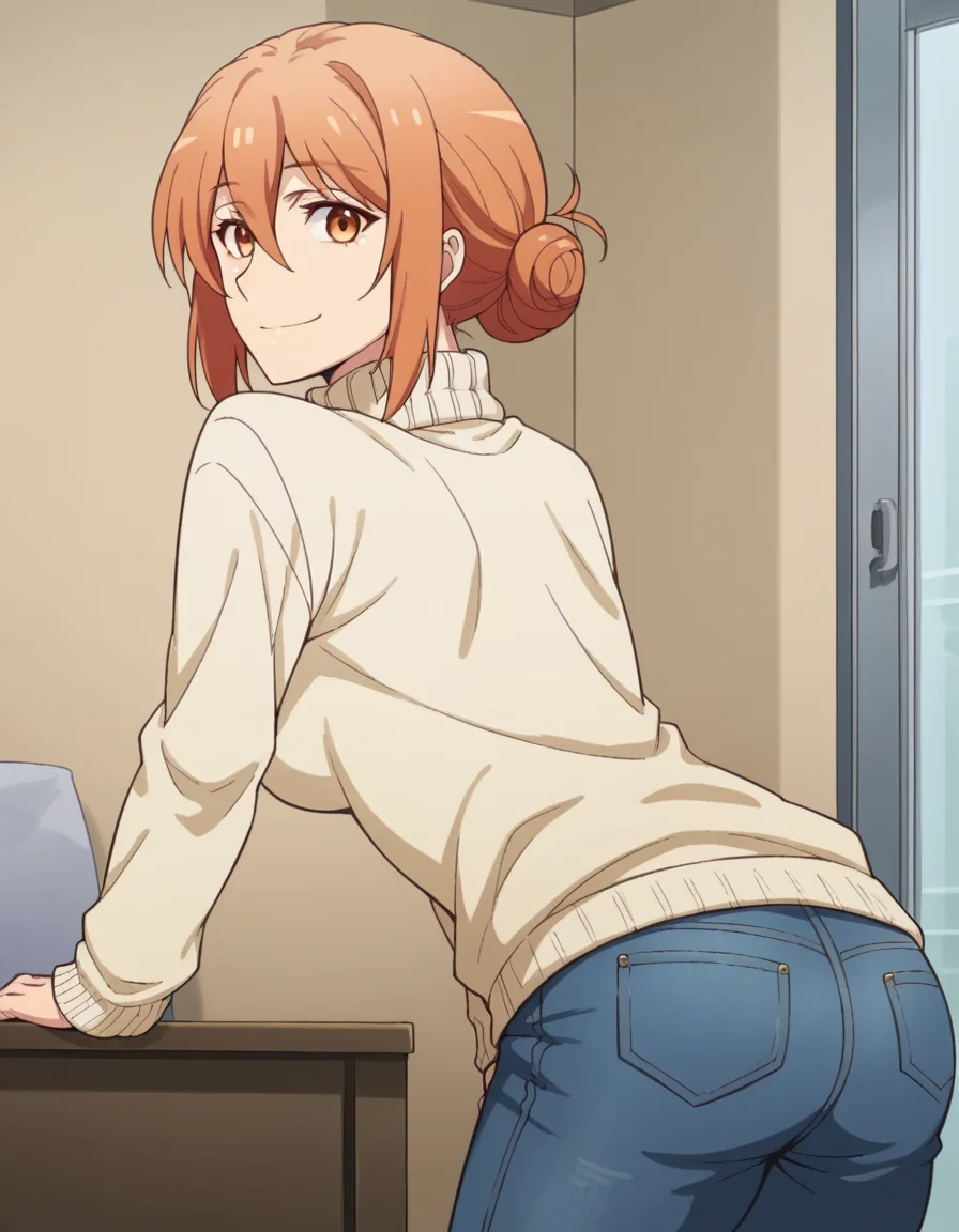 score_9, score_8_up, score_7_up, source_anime,
yuigahamama, <lora:mother-yuigahama-s2s3-ponyxl-lora-nochekaiser:1>,
yuigahamama, hair bun, mature female, orange eyes, orange hair, short hair, single hair bun, hair between eyes, sidelocks,
denim, jeans, pants, sweater, turtleneck, turtleneck sweater, white sweater,
indoors, bent over, smile,
looking at viewer, cowboy shot, dutch angle, solo,