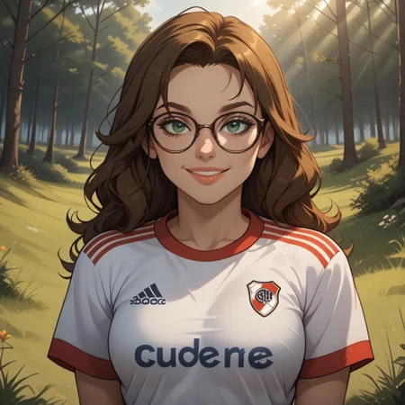 score_9, score_8, BREAK, solo, brown hair, dark green eyes, glasses, lips, RiverPlate, striped shirt, striped, shirt, white shirt, short sleeves, clothes writing, sportswear, soccer uniform, breasts, Ally_(Disventure_Camp), cute, sexy pose, self portrait, smile, looking at viewer, outdoors, sunlight, shadows, evening lighting, natural lighting, forest, trees, grass, orange sky, sunset