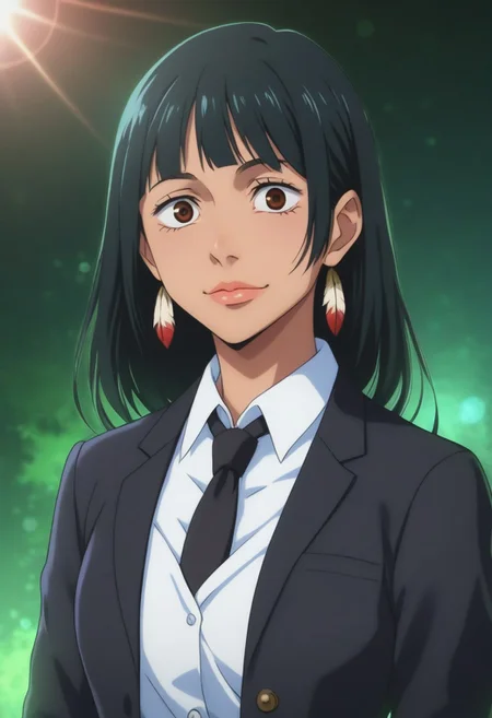 score_9, score_8_up, score_7_up, source_anime, intricate details, anime screencap, perfect balance, official art, extremely detailed CG unity 8k wallpaper, perfect lighting, Colorful, Warm_Front_face_Lighting, (masterpiece:1.0),(best_quality:1.0), ultra high res,4K,ultra-detailed, photography, 8K, HDR, highres, absurdres:1.2, Kodak portra 400, blurry background, bokeh, lens flare, (Anime) (vibrant_color:1.2), professional photograph, night, (cute_face:1.2), 2d, anime, upper body, intricate iris, American, Professional character design, 1girl, female focus, (Brown eyes), perfect eyes, (black-hair), Native American, Indigenous, American Indian, youthful, solo, jujutsu_kaisen_style, character portrait, (perfect-lighting), face, young, (Dark-black-hair), Long hair, (Native American), Indigenous, American Indian, (((wild eyes))), (Native North American), (Upturned eyes), (high cheekbones), (strong jawline), (Black Hair), (Black Cowboy Jacket), (((wild eyes))) ((Bobbed Bangs)) (((Slanted-Eyes))) (Psycho) (Happy) (Friendly) (Goofy) (Dark Black Jacket) (White Dress Shirt), (Redwood Forest, Pacific Northwest Forests), (Inuit), (Tan skin), (Dark Skin), (Brown skin), (bobbed hair), White Eagle-Feather-Earrings, Thick Bangs, Bobbed hair, Bob-cut, White-Feather-Earrings, Brown-skin, Inuit Face-paint, Full-Bangs, Wide-Bangs, Thick-Hair, Black Necktie
