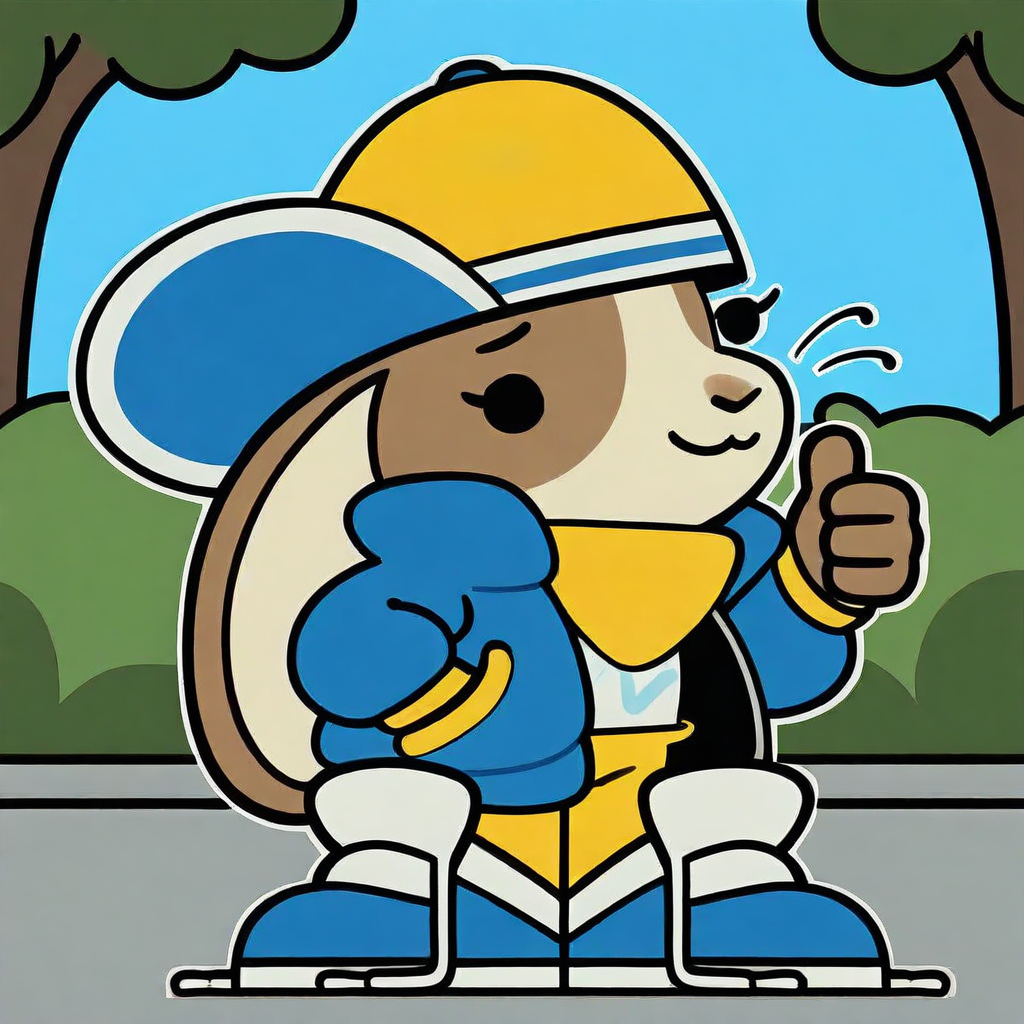 masterpiece,best quality,amazing quality,good quality,absurdres,outline,solo,1girl,peeb,lagomorph,furry female,short stack,two tone body,brown body,rabbit ears,ears down,dot eyes,black eyes,whiskers,blue and yellow headwear,yellow scarf,blue jacket,white shirt,yellow pants,blue footwear,:3,closed mouth,smile,thumbs up,hand in pocket,looking at viewer,full body,outdoors,blue sky