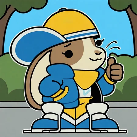 masterpiece,best quality,amazing quality,good quality,absurdres,outline,solo,1girl,peeb,lagomorph,furry female,short stack,two tone body,brown body,rabbit ears,ears down,dot eyes,black eyes,whiskers,blue and yellow headwear,yellow scarf,blue jacket,white shirt,yellow pants,blue footwear,:3,closed mouth,smile,thumbs up,hand in pocket,looking at viewer,full body,outdoors,blue sky
