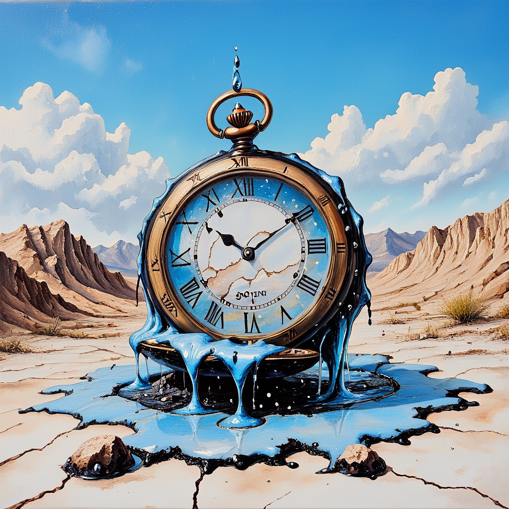 <lora:Dreamlike_surrealist_paintingSDXL:1> ArsMJStyle, Dreamlike surrealist painting, The image is a painting of an old pocket watch in the middle of a desert landscape. The pocket watch is in the center of the image with a white face and black Roman numerals. The clock is surrounded by a blue pool of water that is splashing around it. The water appears to be dripping down the sides of the watch creating a pool of blue liquid. The background is a barren landscape with mountains in the distance and a clear blue sky with white clouds. The overall mood of the painting is surreal and dreamlike., cloud, sky, outdoors, no humans, day, traditional media, scenery, blue sky, water, rock