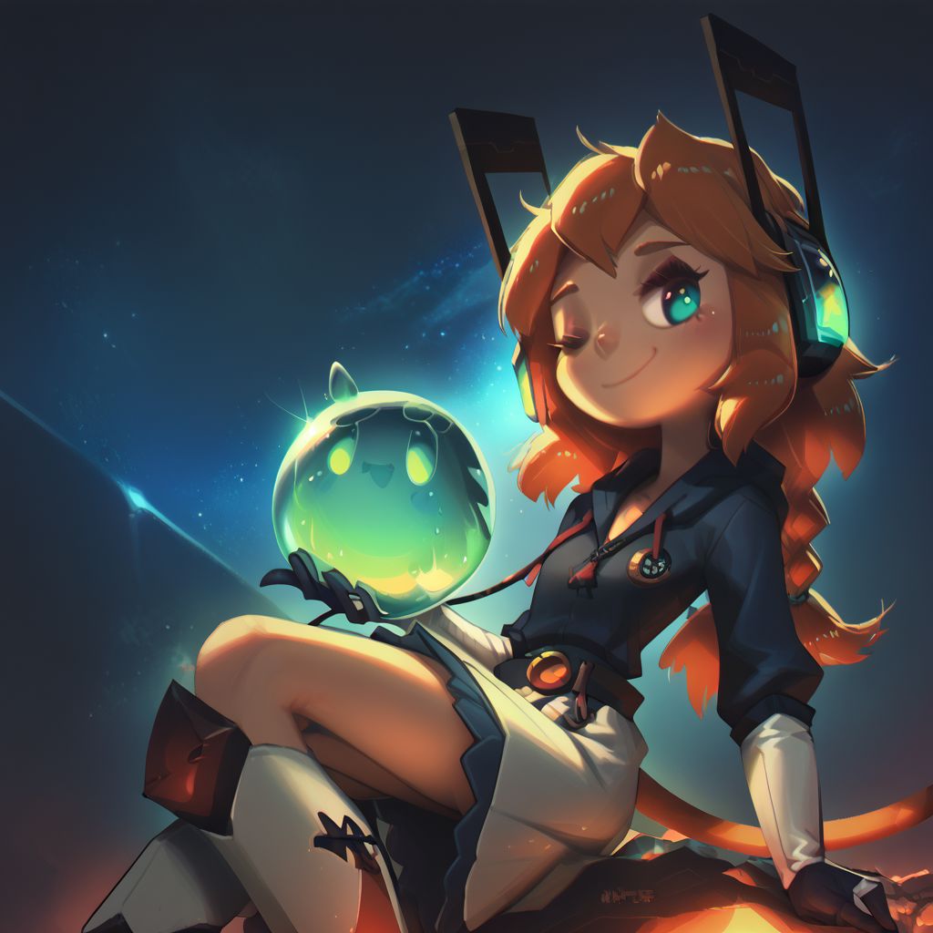 score_9, score_8_up, score_7_up, score_5_up, 28y old girl, pale skin, tall girl, long (((thick))) neck, long legs, (sitting), astronaut engineer, gradient brass to copper, heavy visor robot eye on one eye, two eyes, oversize long thick darkcopper skirt, ((engineer gloves)), taped long skirt above legs, heavy utility tools belts hanging, champion belt with huge buckle with many toolboxes, oversize hoodie on back, red thick rubber oversize hood on the back top, open helmet, covered ears, light plate space armor, heavy backpack, covered neck with radio, microphone from headset to mouth, thick black wires around, ((oversize)) thick glass bubble helmet transparent, mecha long winglike antennas above helmet, square oversize glasses, white rubber heavy sneakers, white long socks, translucent slime boy, (((black thick and long wire tail))),  beautiful eyes, (((detailed eyes, detailed face))), (smug), (((long)) (tape) (striped) hairstyle with this single ((large)) (((very long))) taaped braid, soft shading, 8k, masterpiece, face and waist close-up shot, dark space background,
