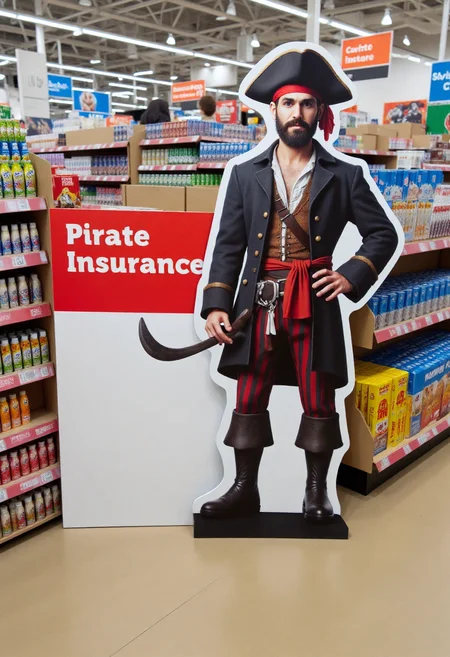 <lora:Cardboard_Cutout_Creator_FLUX-000021:0.9>
The image is a high-resolution photograph taken inside of a grocery store, showcasing a large, detailed, 3D cardboard cutout of a peg-legged pirate next to text "Pirate Insurance".