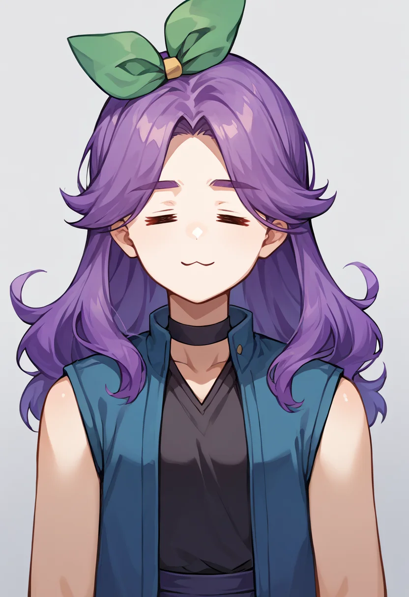 score_9, score_8_up, source_anime, 1girl, solo, =w=, :3, = =, eyes closed, NSAbigailStardew, purple hair, long hair, parted bangs, choker, green hair ribbon, blue vest, open vest, sleeveless, black shirt, skirt, black leggins, <lora:ChamElfExpressionPonyXL:1.2>, <lora:NSAbigailStardew:1>