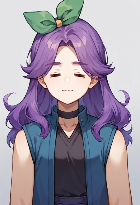 score_9, score_8_up, source_anime, 1girl, solo, =w=, :3, = =, eyes closed, NSAbigailStardew, purple hair, long hair, parted bangs, choker, green hair ribbon, blue vest, open vest, sleeveless, black shirt, skirt, black leggins, <lora:ChamElfExpressionPonyXL:1.2>, <lora:NSAbigailStardew:1>