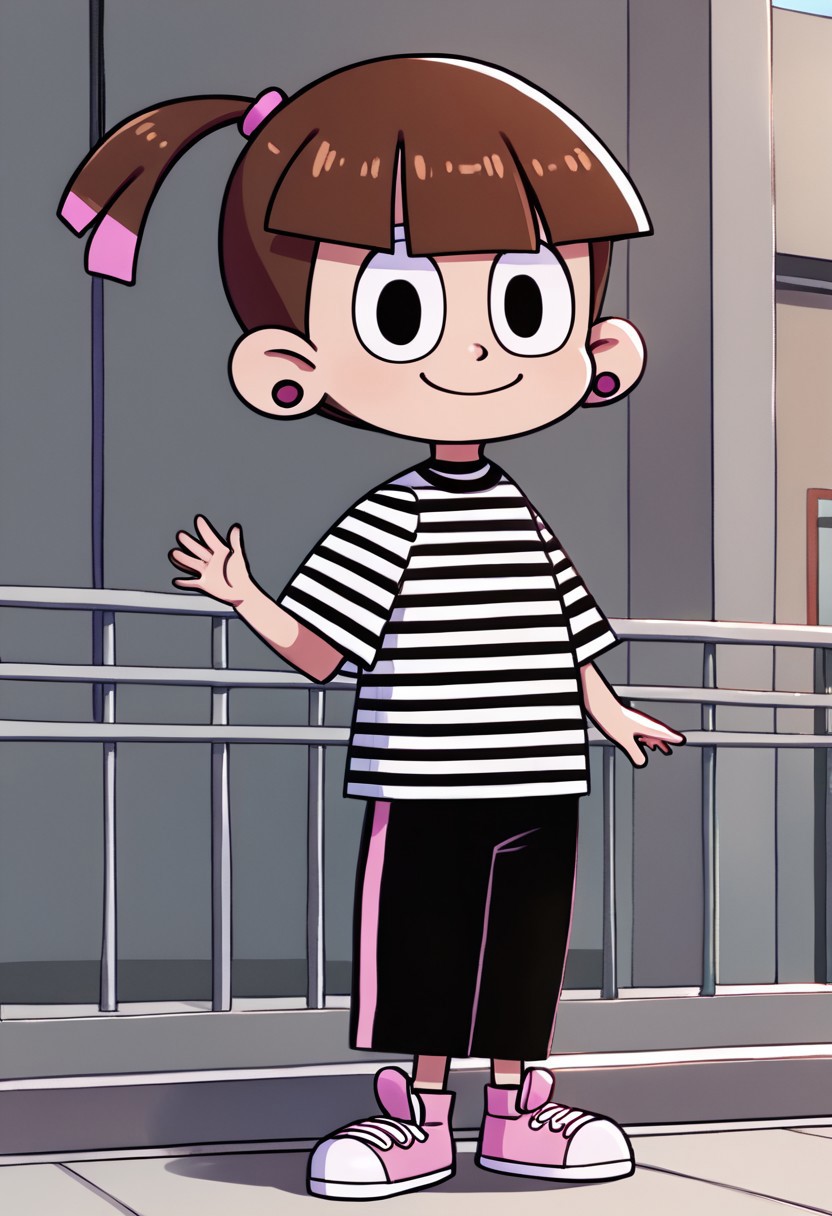 score_9, score_8_up, score_7_up BREAK SonyaToast, 1girl, brown hair, blunt bangs, black eyes, ponytail with pink accents, pink scrunchie, fuchsia pearl earrings, short-sleeved black white striped shirt, black pants, pink white high-top sneakers, smiling at viewer, cartoon, source_cartoon, child,
