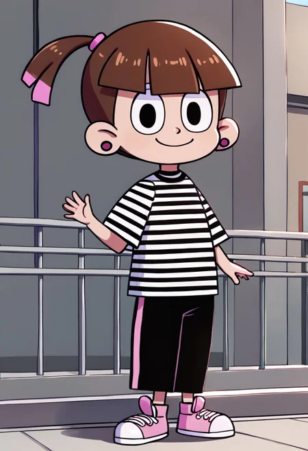 score_9, score_8_up, score_7_up BREAK SonyaToast, 1girl, brown hair, blunt bangs, black eyes, ponytail with pink accents, pink scrunchie, fuchsia pearl earrings, short-sleeved black white striped shirt, black pants, pink white high-top sneakers, smiling at viewer, cartoon, source_cartoon, child,
