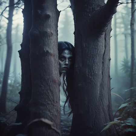 core_9, score_8_up, score_7_up, score_6_up,  <lora:70s_Horror_MoviePony:1> ArsMovieStill, movie still from a 1970s horror movie, The image is a dark and eerie scene of a person peeking out from behind a tree in a forest. The person's face is partially obscured by the tree trunk with their hair covering their face. The background is filled with tall trees and fog creating a mysterious and eerie atmosphere. The overall mood of the image is eerie and foreboding., solo, tree, nature, black hair, blurry, 1girl, forest, long hair, realistic, outdoors
