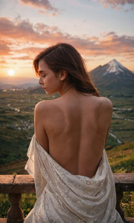 score_9, score_8_up, score_7_up, BREAK, rating_safe, beatiful female, from behind, resting looking at the sunset, from behind, landscape, mountain, intricate, princess, portrait, highly detailed, detailed skin, depth of field, film grain