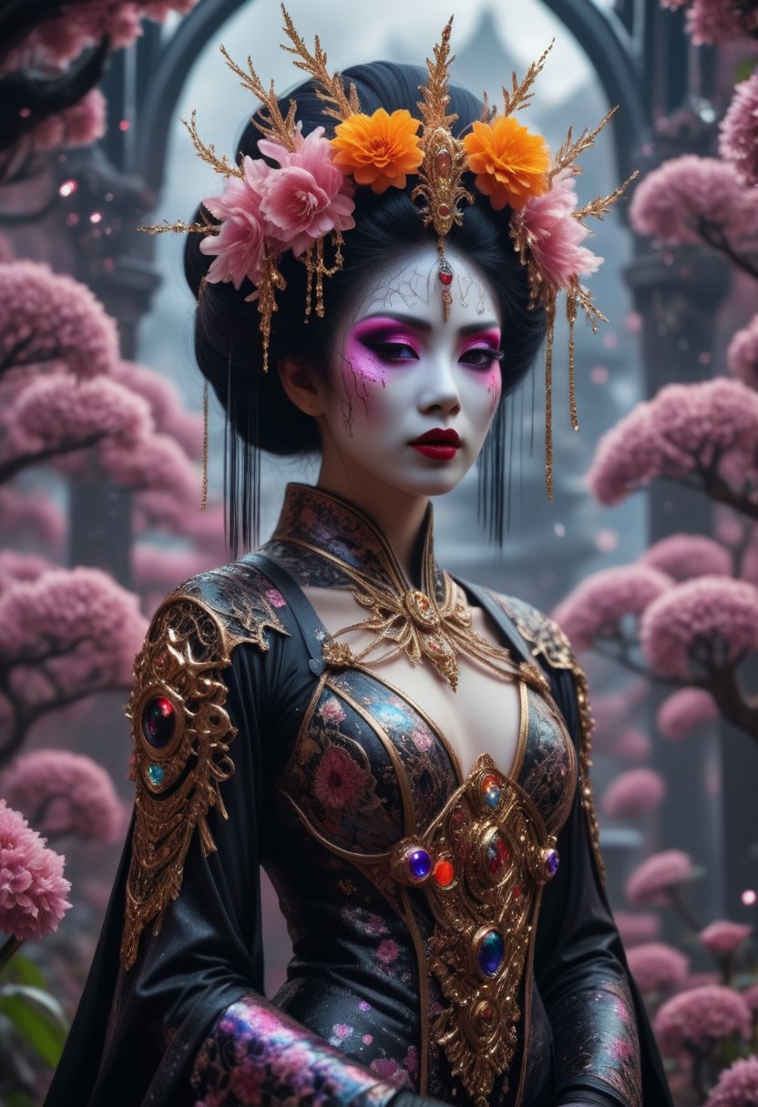 A professional photography of a gothic geisha with whimsical elements, surrounded by an magical and eerie fairytale landscape with sparkling crystals and colorful flowers, awesome appearence, fantastic cyberpunk art concept, intricate details, trending on artstation, masterpiece, 8k