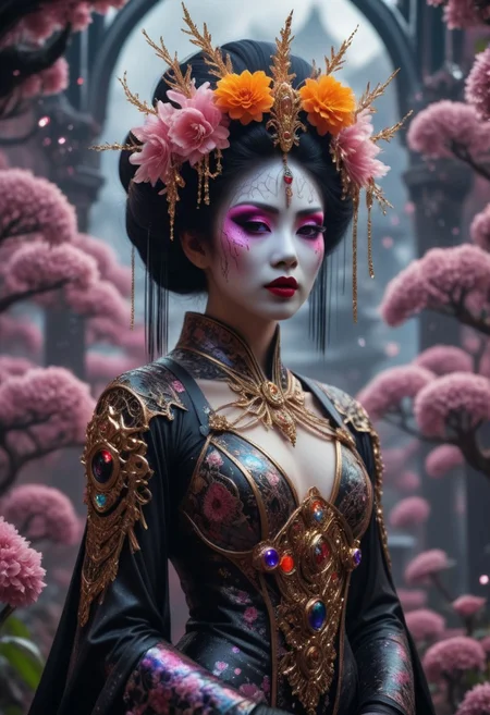 A professional photography of a gothic geisha with whimsical elements, surrounded by an magical and eerie fairytale landscape with sparkling crystals and colorful flowers, awesome appearence, fantastic cyberpunk art concept, intricate details, trending on artstation, masterpiece, 8k