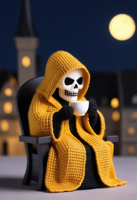 gold robe grim reaper, drinking coffee, sitting in a chair, in Cityscape at night, Amigurami,
