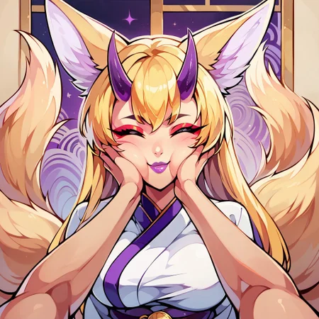 score_9, score_8_up, score_8, 1girl, blonde hair, long hair, fennec ears, oni horns, red eyeshadow, closed eyes, purple lips, large breasts, white kimono with purple pattern, multiple tails, fox tail, altar room, looking at viewer, seductive smile, indoors, window, upper body, zzCitronCAT, abstract background,, white outline, cheek squash, hands on another's face, hands on another's cheeks, solo focus, pov hands, puffy cheeks,