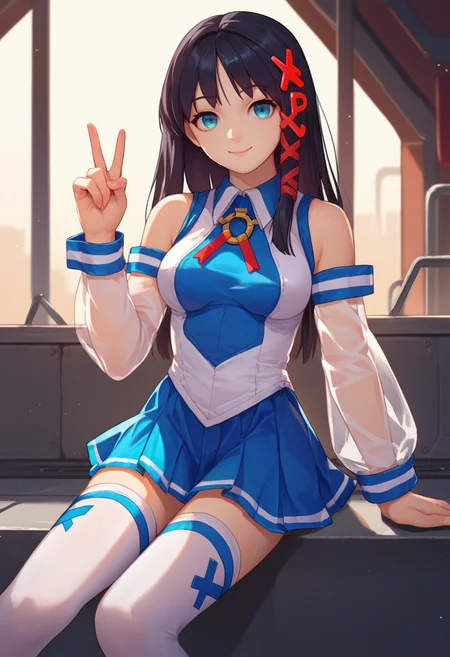 score_9, score_8_up, score_7_up, source_anime, solo, 1girl, xp-tan, smile, looking at viewer, index finger raised, black hair, x hair ornament, sleeveless shirt, detached sleeves, see-through, blue skirt, white thighhighs, bare shoulders, science fiction <lora:os-tan_xp-tan_ponyXL-04:1>
