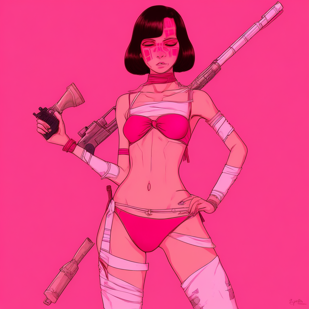 holding gun, red bra, beach, demon girl, side-tie bikini bottom, bandages, Nude, border, english text, 1boy, sayajin, Before blowjob, Roge One, copyright name, standing split, pink background, pants, Rogue One, closed eyes, Aztec, mallet, pink bow, covering breasts, Android