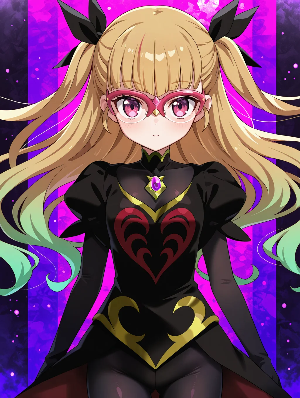 1girl,solo,looking at viewer,closed mouth,tfloating hair,cowboy shot,red-framed eyewear,purple theme,standing,purple background,black dress,black bodystocking,black hair ribbon,gold brooch,corruption,two side up,
masterpiece,best quality,amazing quality,very aesthetic,absurdres,newest,<lora:ohdo yuamu illuXL v1:0.85>,<lora:wai-2Rectified-V140:0.7>,