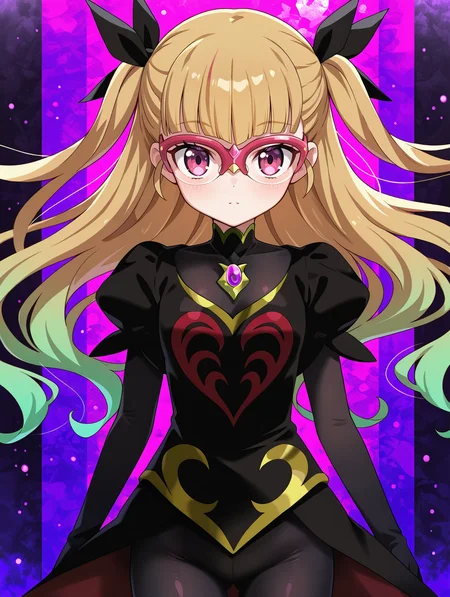 1girl,solo,looking at viewer,closed mouth,tfloating hair,cowboy shot,red-framed eyewear,purple theme,standing,purple background,black dress,black bodystocking,black hair ribbon,gold brooch,corruption,two side up,
masterpiece,best quality,amazing quality,very aesthetic,absurdres,newest,<lora:ohdo yuamu illuXL v1:0.85>,<lora:wai-2Rectified-V140:0.7>,