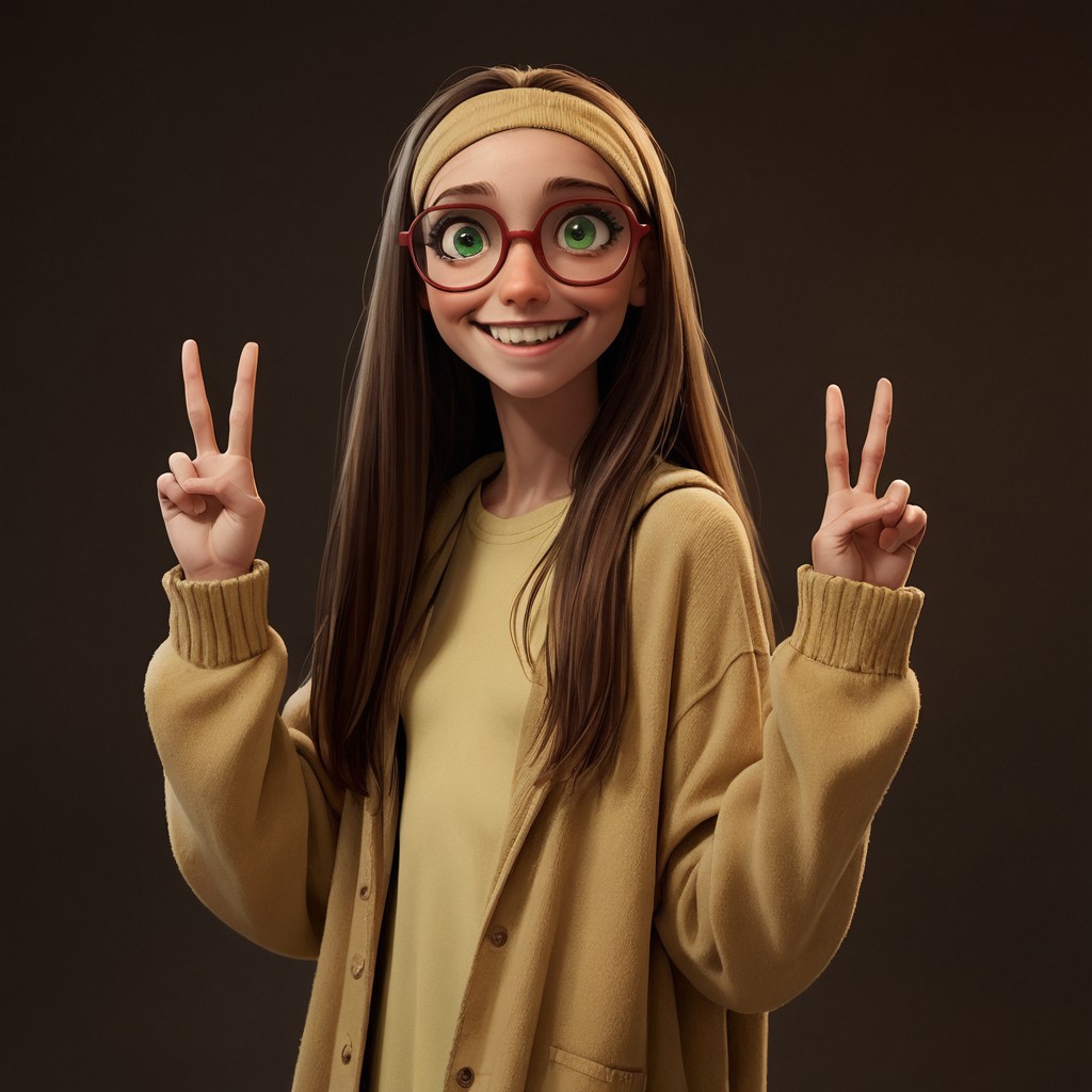 score_9, score_8_up, score_7_up, score_6_up, score_5_up, score_4_up, rating_questionable, 1girl, Hon_Lem, Glasses, smiling, skinny, tall, small saggy breasts, skinny, Peace signs, slouching, long hair, green eyes