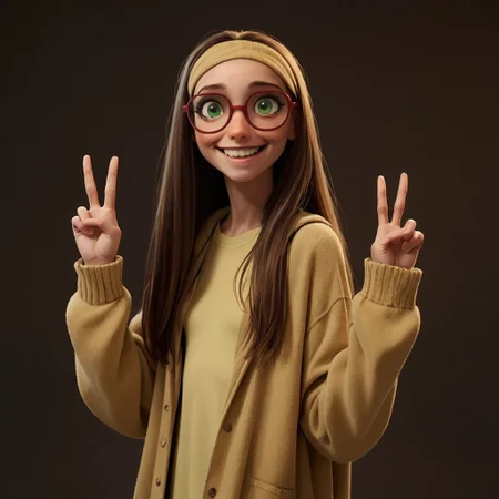 score_9, score_8_up, score_7_up, score_6_up, score_5_up, score_4_up, rating_questionable, 1girl, Hon_Lem, Glasses, smiling, skinny, tall, small saggy breasts, skinny, Peace signs, slouching, long hair, green eyes