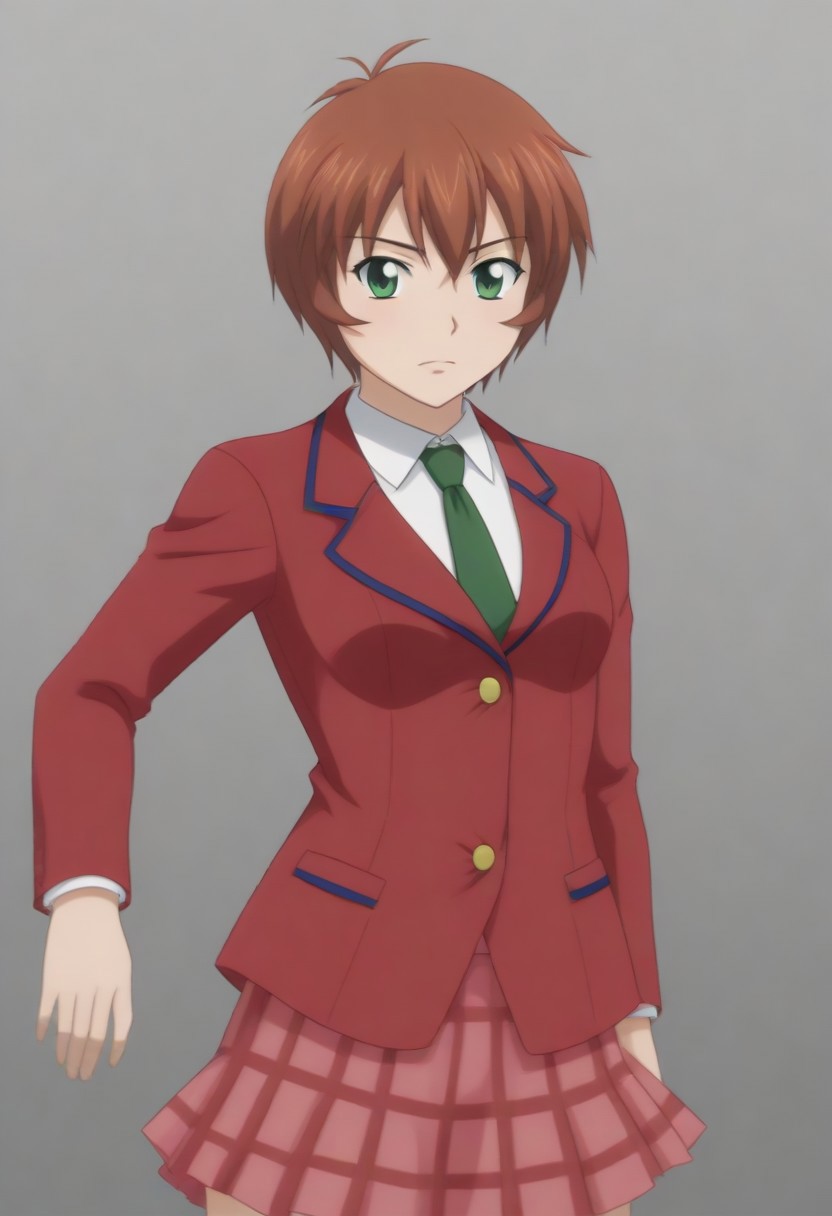 source_anime, anime screencap, source_anime, auratheguillotine, anime screencap, masterpiece, source_anime, shiny skin, 1girl, chinkyuu koudai, short hair, brown hair, green eyes, <lora:chinkyuu_pony-000007:0.8> red blazer, white shirt, green necktie, plaid skirt, pleated skirt,