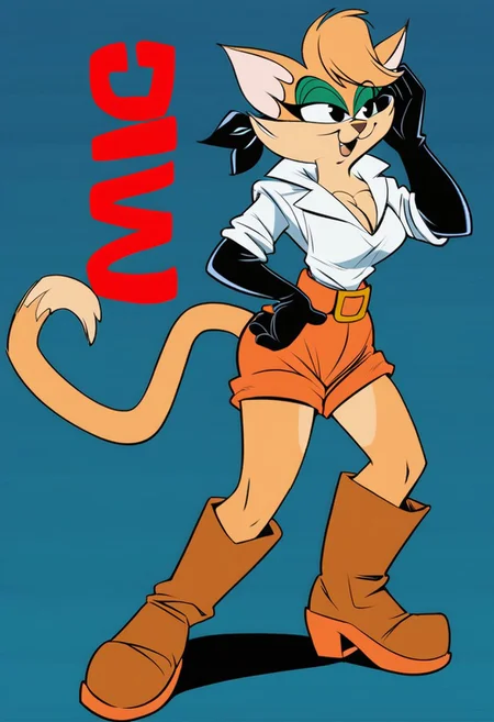 score_9, score_8_up, score_7_up, score_6_up, score_5_up, score_4_up, source_furry, Tabitha_Fantomcat, detailed eyes, detailed face, (retro artstyle, 1990s \(style\), flat color, toon \(style\),1girl, breasts, solo,black eyes, gloves, hat, animal ears, furry, furry female, cleavage,cat ears, boots, cowboy hat,short hair, full body, standing,cat tail, elbow gloves, bandana, hand on own hip,cat tail,cat girl, shirt, blue background, body fur, white shirt, gradient background, shorts, smile, black gloves, short sleeves, brown headwear, belt, two-tone fur, fur trim, knee boots, red bandana, happy, brown footwear, adjusting headwear, short shorts, cross-laced footwear, animal nose, looking at viewer, hand up, simple background, large breasts, looking to the side, adjusting clothes, signature, teeth, ears through headwear, hand on headwear, parted lips, medium breasts, open mouth
<lora:tabitha-v1:1>