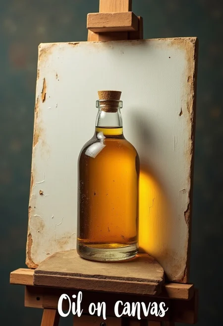 A bottle of oil stands on a canvas, on an easel, fancy letters at the bottom of the image says "Oil on canvas"