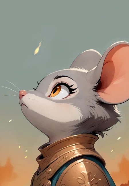 score_9, score_8_up, score_7_up, score_6_up, score_5_up, score_4_up, m0use_goldie, female, (cute), grey fur, golden eyes, bronze armor, beige tunic, determined expression, (looking up:1.3), (side view:1.3), upper body shot, (fire:1.4, firey background, embers, detail background:1.3),