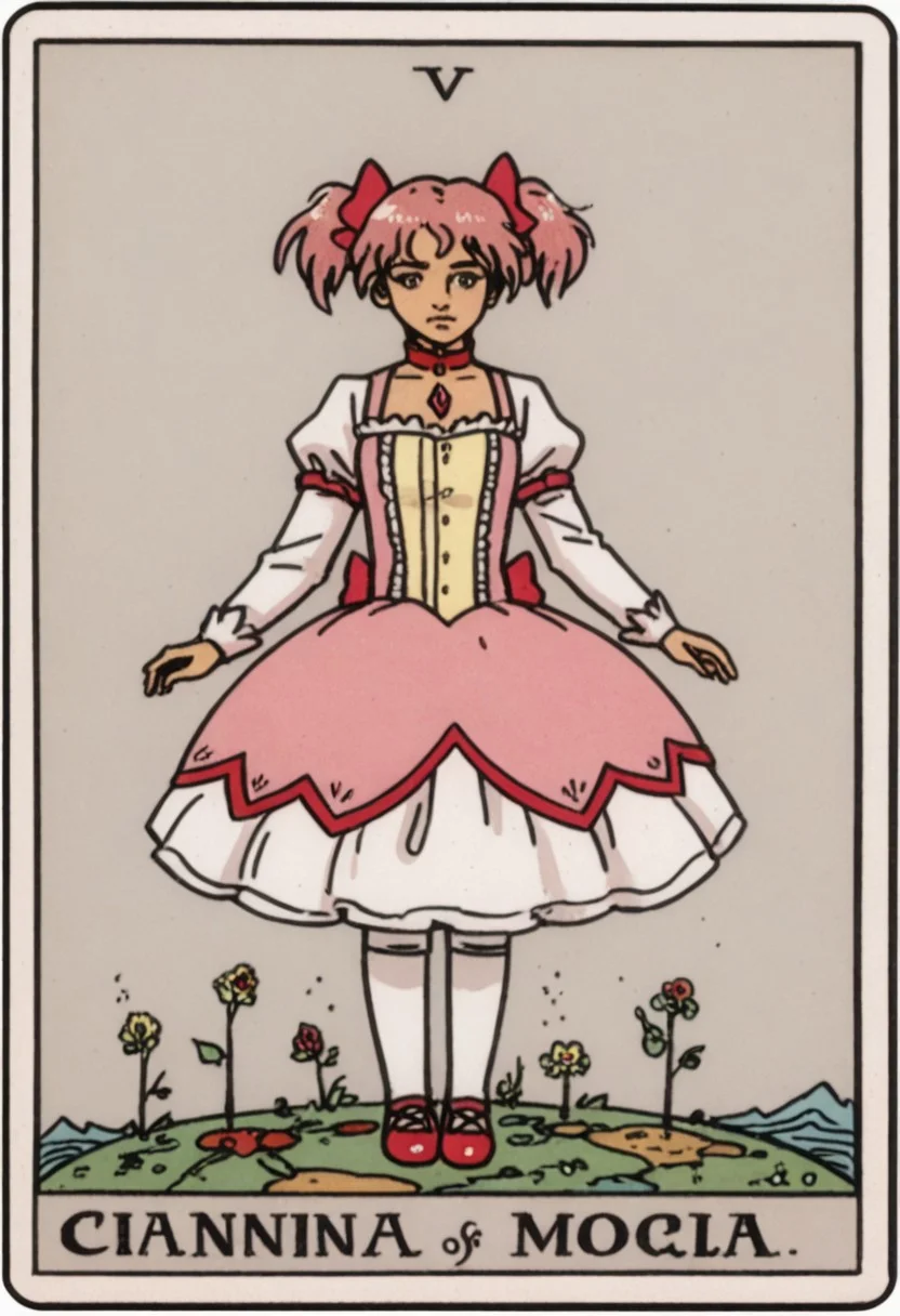 score_9, score_8_up, score_7_up,
muted colors, high contrast, whimsical, detailed, high-definition, intricate details,
solo, 1girl, full body,
Madoka Kaname, short pink hair, twin tails,
kanamemadokacosplay, kaname madoka \(cosplay\), chest jewel, dress, frilled dress, frills, magical girl, neck ribbon, pink dress, puffy short sleeves, puffy sleeves,
(magic:0.8), (occult:0.8), (symbolism:0.8), (mystic:0.8), (occultism:0.8),
tarot, "madoka"