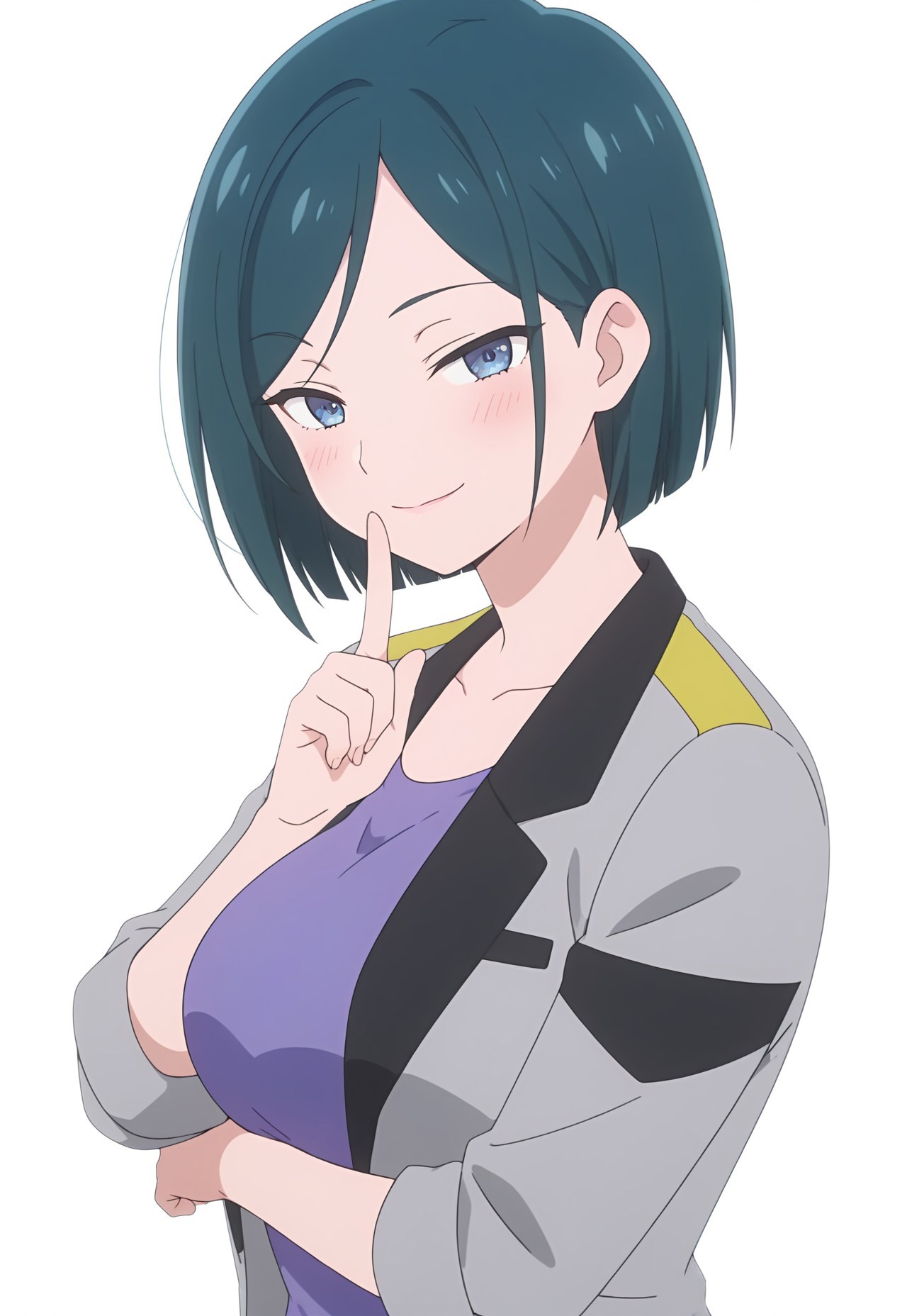 inaonari, 1girl, short hair, dark green hair, blue eyes, purple shirt, grey jacket, open jacket, two-tone jacket, yellow line on shoulder jacket, rolled sleeves, anime screencap,

big breasts, masterpiece, best quality, high resolution,

(white background:2.0), (seductive smile:1.5), blush, looking at viewer, arms under breasts, shushing, upper body, side view,