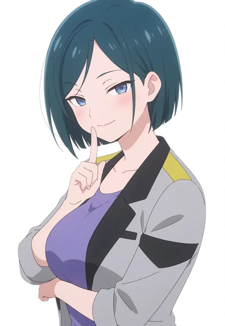 inaonari, 1girl, short hair, dark green hair, blue eyes, purple shirt, grey jacket, open jacket, two-tone jacket, yellow line on shoulder jacket, rolled sleeves, anime screencap,
big breasts, masterpiece, best quality, high resolution,
(white background:2.0), (seductive smile:1.5), blush, looking at viewer, arms under breasts, shushing, upper body, side view,