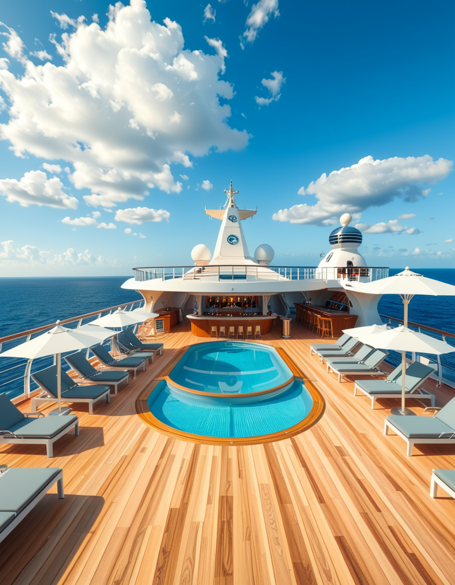 A wide, high-resolution view of the upper deck of a modern luxury cruise ship, completely empty of people. The deck features a clean, polished teak wood floor and sleek white railings along the edges. Several neatly arranged lounge chairs line both sides, with large white parasols providing shade. In the center of the deck, a crystal-clear swimming pool reflects the blue sky, with no one in or around it. To one side, a stylish bar area with a curved canopy stands closed, with colorful bottles and barstools neatly arranged. The background reveals the endless ocean meeting the horizon, under a bright, cloud-speckled blue sky. The lighting is natural daylight, casting soft shadows and highlighting the modern, serene, and luxurious ambiance of the cruise ship deck. No signs of human presence â everything is pristine, calm, and ready for guests.
<lora:SDXLFaeTastic2400:0.4> <lora:extremely_detailed:0.4> extremely detailed,<lora:luxury_cru1s3_sh1p:1>,luxury cru1s3 sh1p, Masterpiece,best quality,hi res,8k,hi res,8k,award winning,(sharp focus, intricate, highly detailed),