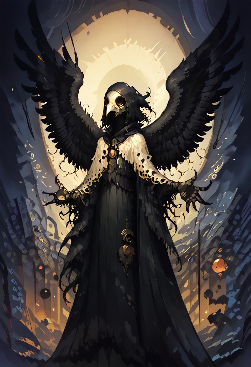 score_9, score_8_up, score_7_up, BREAK, 
1boy, solo, Highly detailed, br0m, d4rkpurp, plague doctor, mask, w1ngs, angel wings, black wings, floating black feathers, backlit by the moon, face focus, (reaching out), atmospheric, dark, ddpapa, concept paint, abstract art,