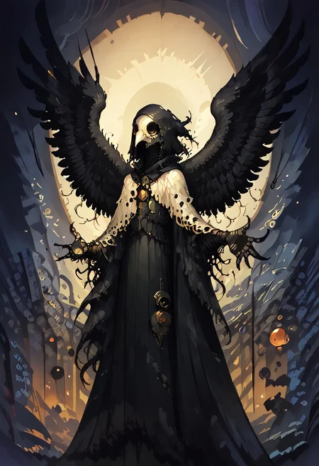 score_9, score_8_up, score_7_up, BREAK,
1boy, solo, Highly detailed, br0m, d4rkpurp, plague doctor, mask, w1ngs, angel wings, black wings, floating black feathers, backlit by the moon, face focus, (reaching out), atmospheric, dark, ddpapa, concept paint, abstract art,