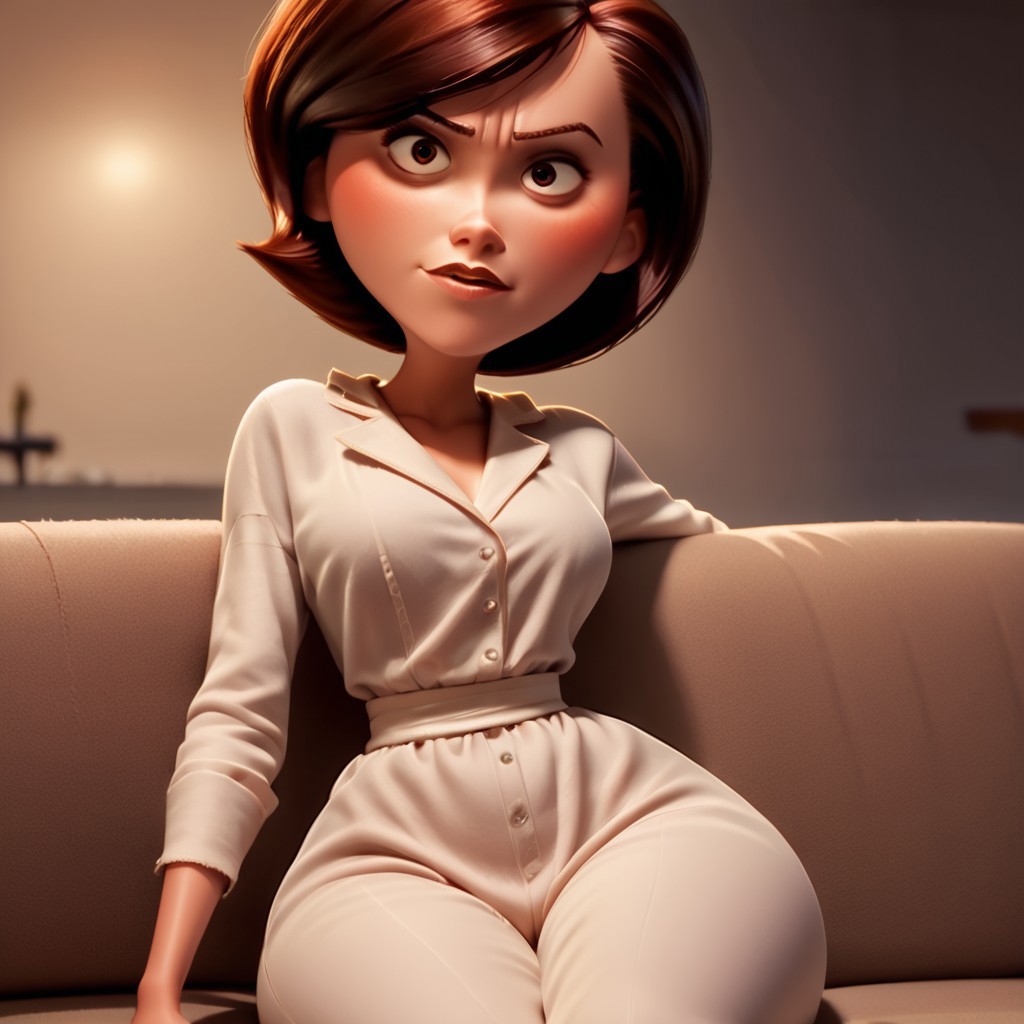 score_9, score_8_up, score_7_up, score_6_up, score_5_up, score_4_up, rating_questionable, 1girl, Hel_enParr, on a couch, seductive look, short hair, dark red hair, big hips, blouse