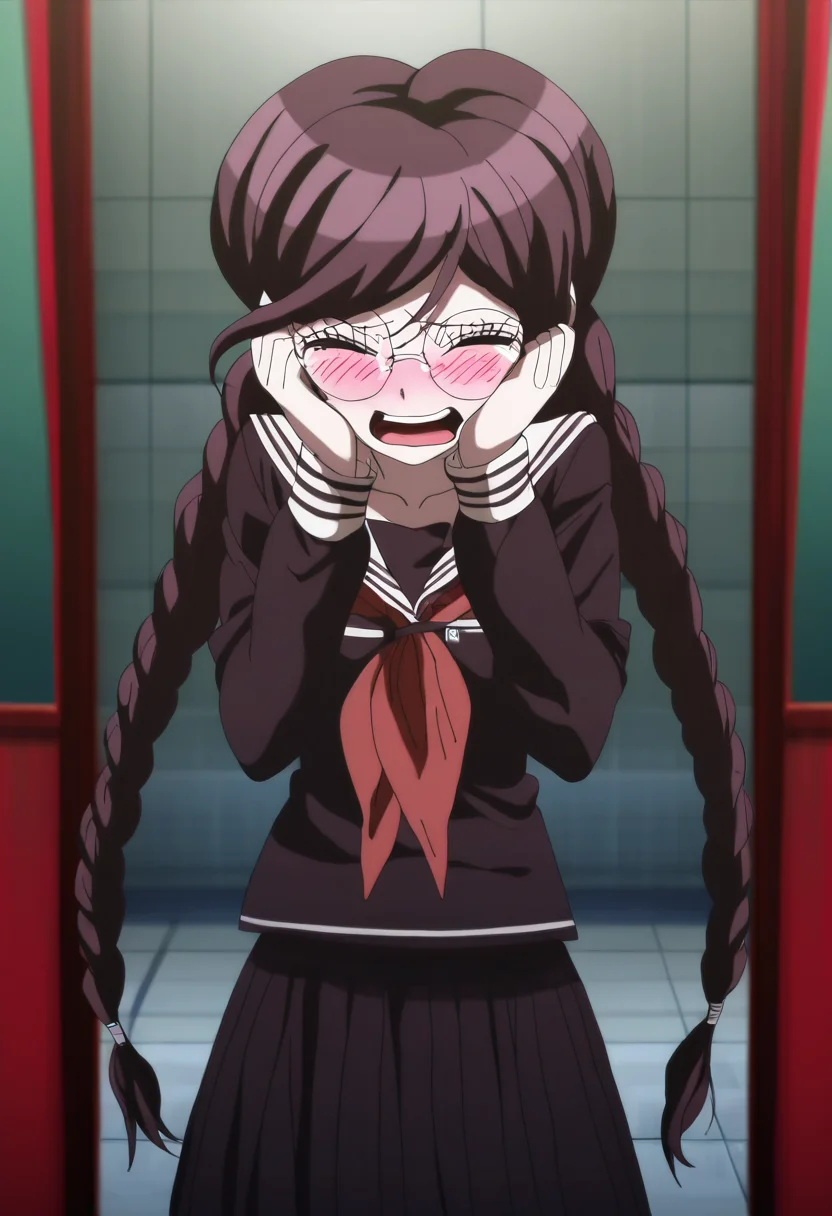 (((solo))), masterpiece, best quality, very aesthetic,  modern, modern anime,  newest, absurdres, highres, full body shot , embarrassed expression  , (((solo))),danganronpa_(series),<lora:Toko_Fukawa_Illustrious:1>,  This anime screencap is from Danganronpa the Animation. Toko Fukawa is crying. She is clutching her face with both hands, and her eyes are closed tightly. She has a worried expression on her face, and her tears are streaming down her cheeks. The scene takes place in Hope's Peak. The background is a bright red. There is a black vertical line in the background. The scene is lit with a bright light, and the overall atmosphere is one of sadness and despair.  The background appears to be made up of square tiles.  The lighting appears to be in the shade of a bright red.  Toko Fukawa wearing her uniform from Danganronpa 1. She has long dark purple hair in two braids, gray eyes and large round glasses. Her large, dark grey glasses are slightly crooked at an angle. Her uniform is a dark purple Japanese school uniform. The uniform has long sleeves, a collared shirt with a red ribbon and a long skirt with the school crest on the upper left sleeve.  A red ribbon is tied around the collar of her shirt.