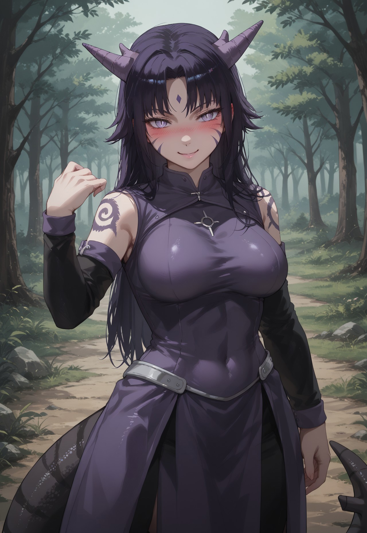 safe_pos, score_9, score_8_up, score_7_up, source_anime, <lora:qiandaiyiyu_style_pdxl_goofy:0.8>, gijinka, personification, Naruto_Manda, slit pupils, body markings, pair of horns, black scales, large breasts, slightly viisble abs,
(((1girl))), pretty lips, detailed eyes,

purple armor, metal chestplate, metal skirt,

standing, dynamic pose,

outdoors, ((blush, confident, smile)), forest background, day time, 