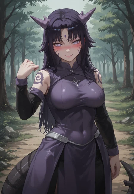safe_pos, score_9, score_8_up, score_7_up, source_anime, <lora:qiandaiyiyu_style_pdxl_goofy:0.8>, gijinka, personification, Naruto_Manda, slit pupils, body markings, pair of horns, black scales, large breasts, slightly viisble abs,
(((1girl))), pretty lips, detailed eyes,

purple armor, metal chestplate, metal skirt,

standing, dynamic pose,

outdoors, ((blush, confident, smile)), forest background, day time, 