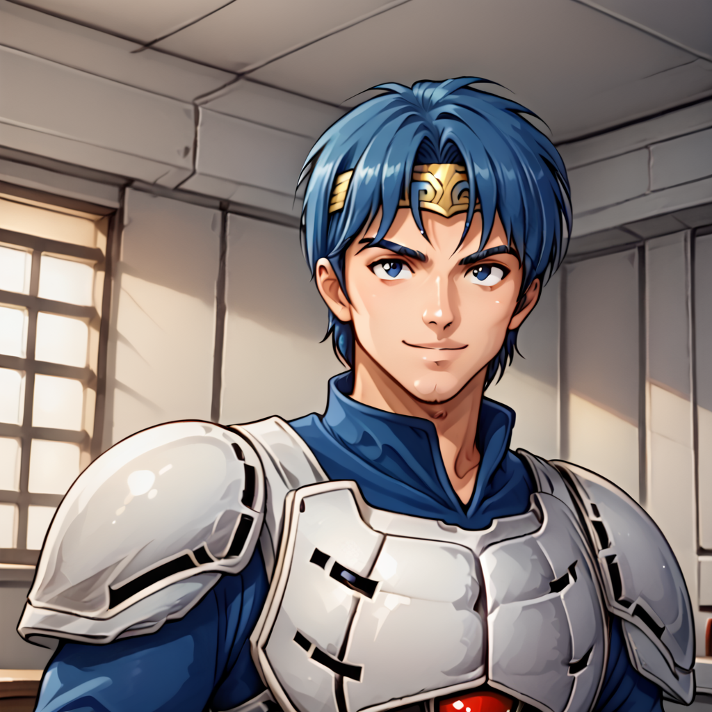 rolfps, male focus, solo, armor, headband, fingerless gloves, upper body, indoors, sci-fi background, smile, high tech, <lora:Rolf-000004:0.8>
