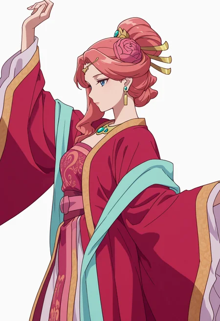 Smooth Quality,masterpiece,very intricate, high quality details, ultra realistic, high detailed skin,detailed enviorement,absurdres,
simple background, white background,solo,
from side,expressionless,dancing,
<lora:Gyokuyou_CNR:0.8> gyokuyou_cnr, 1girl, red hair, pink hair, blue eyes, long hair,chinese clothes, dress, long sleeves, wide sleeves,earrings, necklace, jewelry