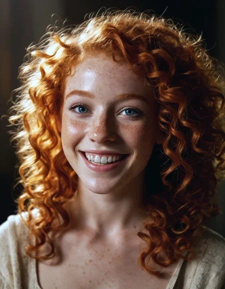Beautiful girl with curls and lots of freckles, ginger hair, smiling with joy, full body, dramatic light highlighting her joyful expression, Rembrandt lighting scheme, vibrant and lively mood, (hyperrealism:1.2), (8K UHD:1.2), (photorealistic:1.2), shot with Canon EOS 5D Mark IV, capturing every detail of her glowing skin and sparkling eyes, exuding warmth and happiness in the frame.