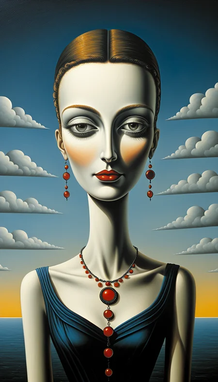 positiv Clip L: in the style of rafal Olbinski an award-winning, of a bautiful woman, positiv Clip G: in the style of rafal Olbinski an award-winning, of a skinny Gothic woman, sunset in the background,